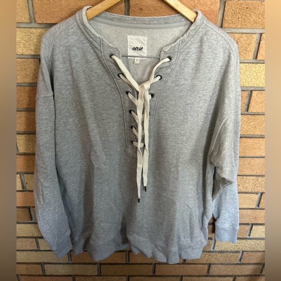 Aerie Lace Up Oversized Crew Sweatshirt Grey Size Small - Picture 2 of 9